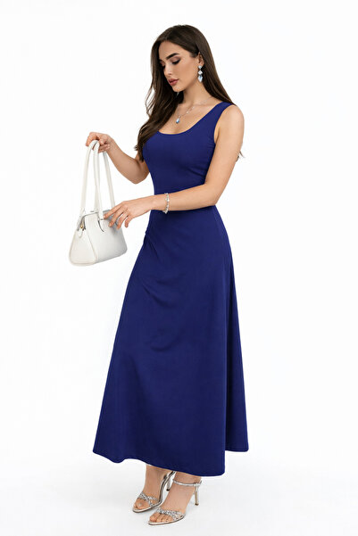 modavingo Women's Indigo Blue Soft Touch Fabric Front Back Square Collar Dress