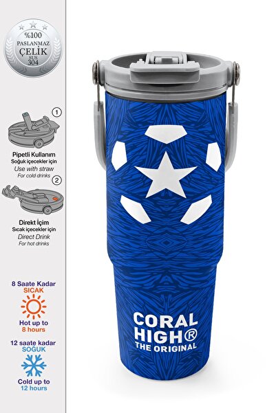 Coral High Navy Blue Saks Football Patterned Steel Thermos with Straw and Dir...
