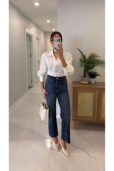 BİRCANÇİL Gua Navy Blue Stoned Cut-Cuff Straight Jeans