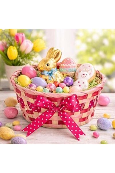 OEM Bamboo Easter Basket with Multicolored Weaving & Pink Bow Ø22 x 9 cm