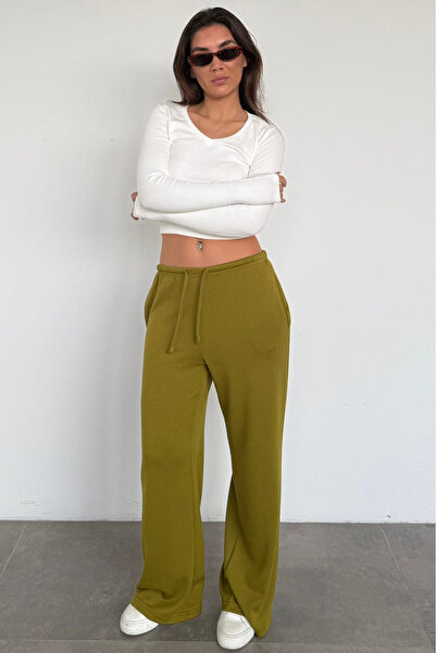 Madmext Oil Green Wide Leg Barrel Fit Sweatpants Mg2646
