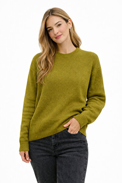 MODASPARK Yağ Yeşili Bisiklet Yaka Oversize Kadın Triko Kazak