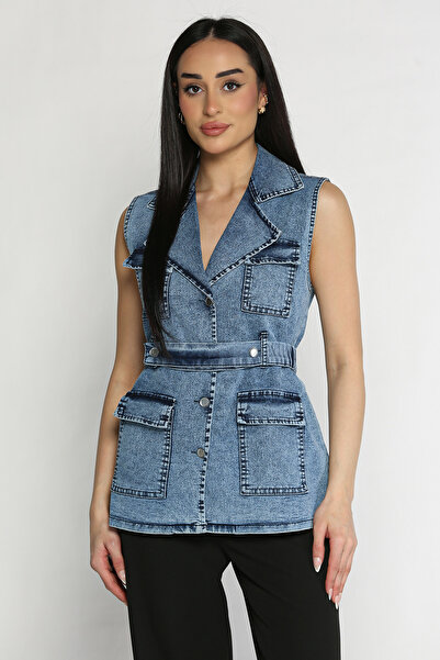 azragül giyim Bel Kemerli Kadın Likralı Jean Kot Yelek