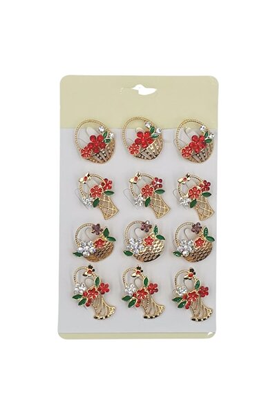 OEM Set of 12 Brooches for Martisor, NEVERMORE, Red Crystal Baskets, Gold