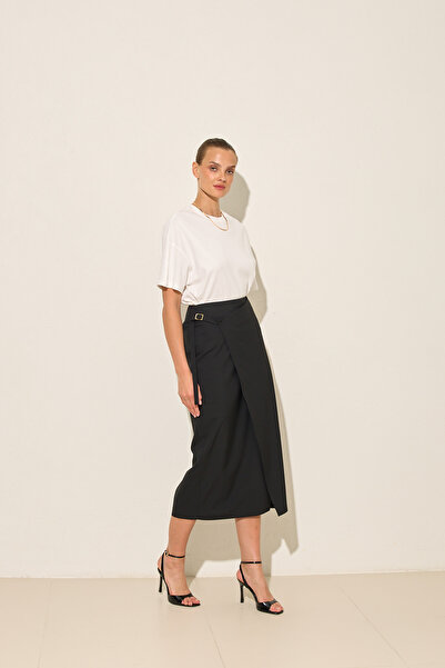 Setre Black Double-Breasted, Form-Fitted, Slit Midi Skirt with Tie Detail