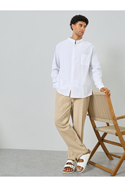 Take Two By Styli Men Beige Linen Blend Relaxed Fit Trousers