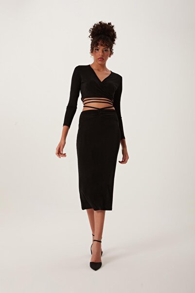 QUHOX Μαύρο Γυναικείο Buzzy Υφασμάτινο Σετ - Κάτω και Επάνω Σετ