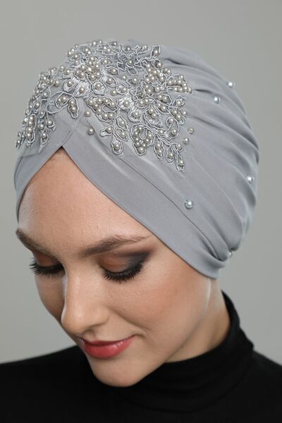 elysianfidan Ripped Motif Lined Embroidered Light Gray Lace Ready-made Hijab ...