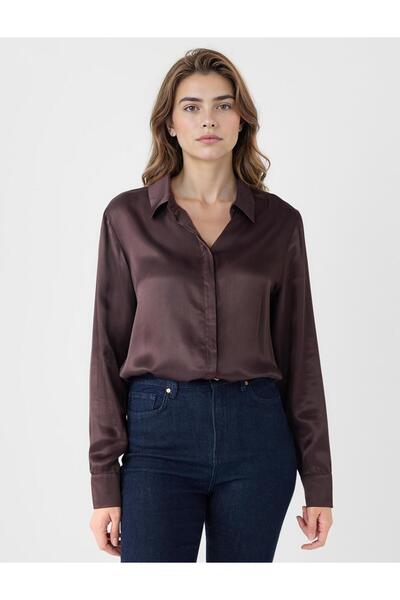 Jimmy Key Acı Kahve Uzun Kollu Rahat Kesim Saten Gömlek