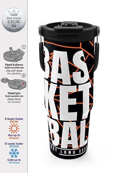 Coral High ترمس فولاذي بنمط كرة السلة مع مصاصة وقنينة شرب مباشرة 900 مل 38743