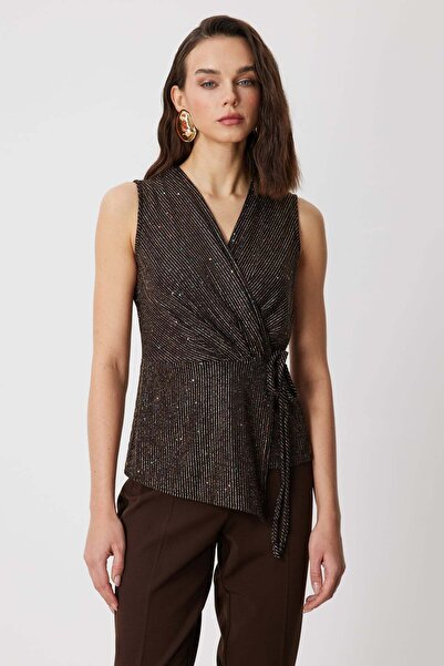 Mi Pret a Porter Mi Yandan Bağlamalı Kruvaze Yaka Simli Bluz