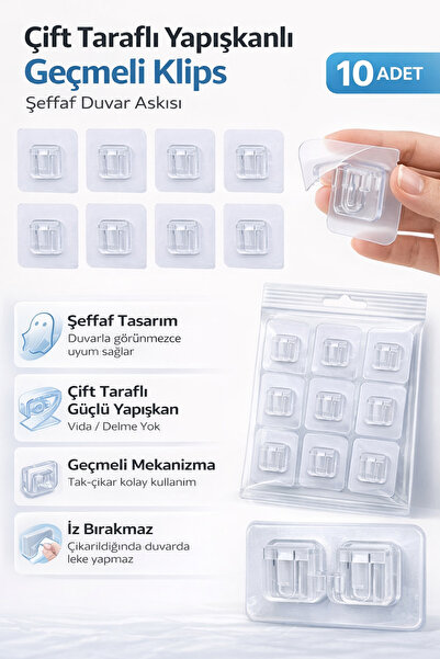 Single ( 10 Adet ) Çift Taraflı Yapışkanlı Geçmeli Klips Şeffaf Duvar Asma Ka...