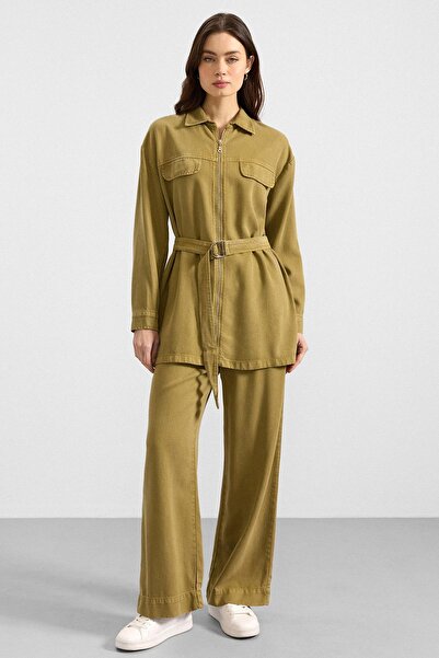 Olcay Zipper Closure Jacket Pants Soft Denim Double Set Oil Green 9395-Tk