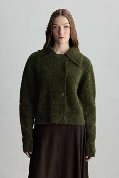 BE BLUE Green Double-Breasted Short Cardigan