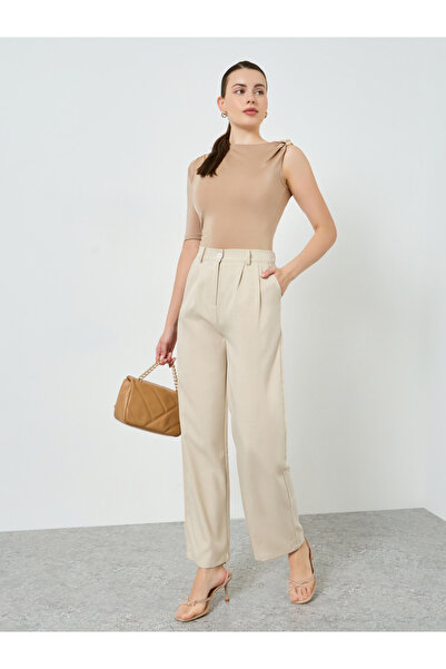 Styli Women Beige Wide Leg Pants with Pocket