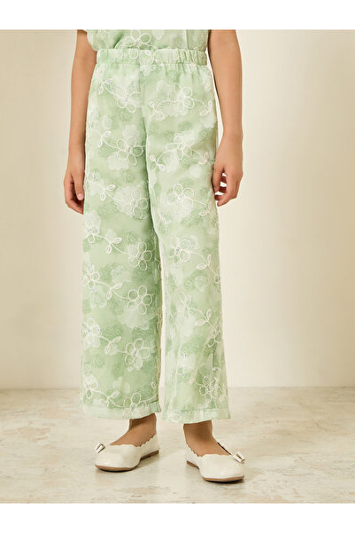 Styli Girls Green Floral Embroidered Wide Leg Pants