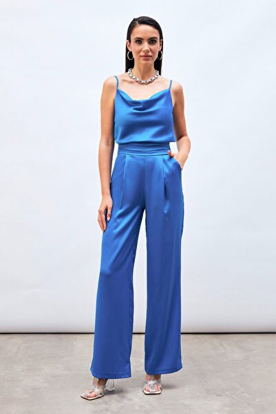 Sateen Casual Satin Trousers with Pockets - Indigo