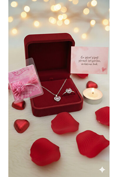 DAYZEN JEWELRY Işıltılı Lila Çelik Kolye Kalp Ve Yüzüklü Çiçek Buketli 14 Şub...