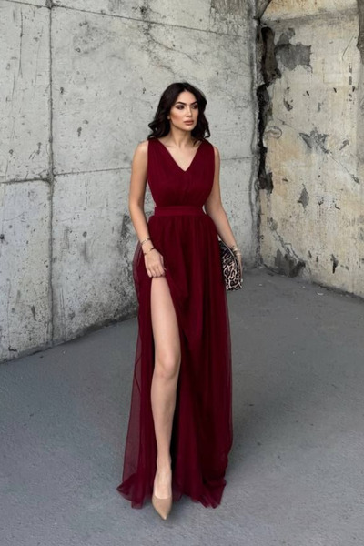 Sindimoda Mara Bel Dekolteli Tül Abiye BORDO 8459