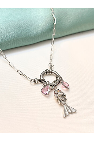 Berilya Aksesuar Love & Blessings Steel Silver Necklace with Moving Fish Figu...