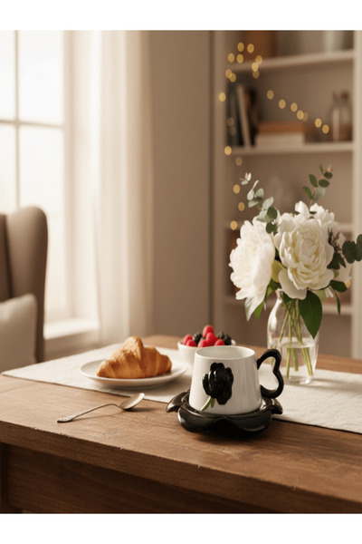 AKDC Ceramic Cup and Saucer Set – Black with White Flower Pattern, 350 ml Cof...