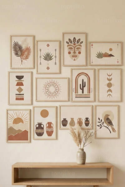 Tontilika 12 Parça Etnik Boho Figürlü Dekoratif Çerçeve Görünümlü Tablo Seti