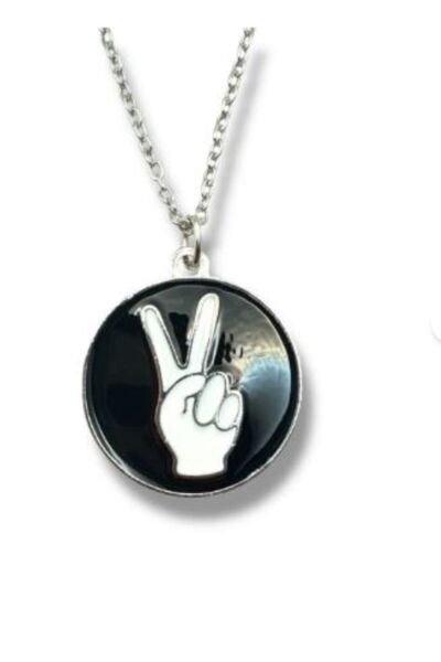 Yuchicly Black Unisex Necklace with Victory Sign Figure – Metal Chain Design