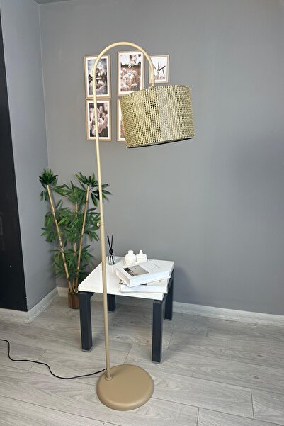 Bamyum Ratta Hasır Sütlü Kahve Lambader Bej Metal Zemin Lambası