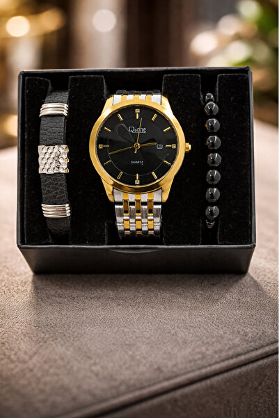 TEKMAKG Erkek Kol Saati Bileklik Seti Metal Kordon Takvimli Quartz Hediye Kutulu