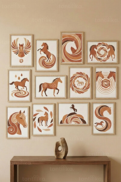 Tontilika 12 Parça At Figürlü Minimal İllüstrasyon Dekoratif Çerçeve Görünüml...