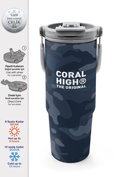 Coral High ترمس فولاذي بنمط مموه مع شفاطة وغطاء للشرب المباشر 900 مل 38742