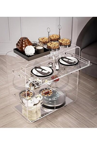 Slasa 3-Tier Modern Acrylic Rolling Storage Cart 80x70x35 cm – Clear & Durable