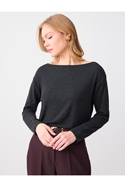 Jimmy Key Антрацитова блуза с дълъг ръкав, мека плетена, с лодкаобразно деколте