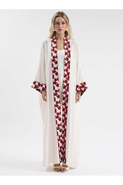 Store Wf Plain White and Red Floral Patterned Abaya
