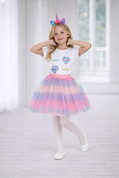 Dıgıl Kids Girl's Rainbow Suit Tutu Skirt Lycra Hearted Badi