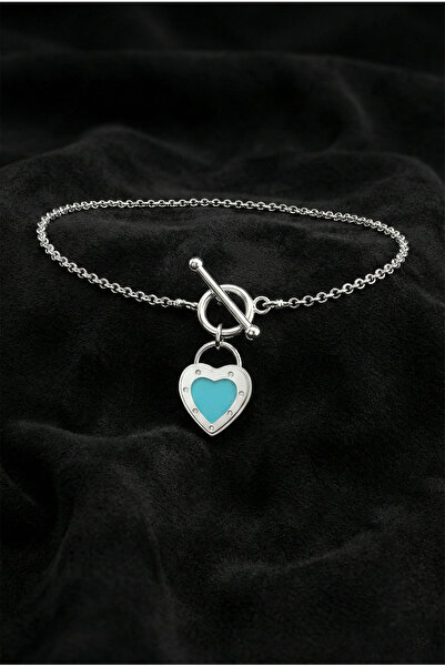 Roza Silver 925 Ayar Turkuaz Mineli Kalp Kilit Detaylı Charm Gümüş Bileklik (...