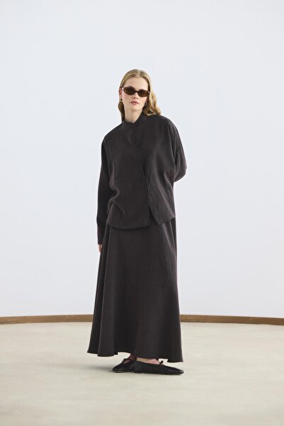 KADRİYE BAŞTÜRK Hakim Collar Tencel Shirt Skirt Set Bitter Brown