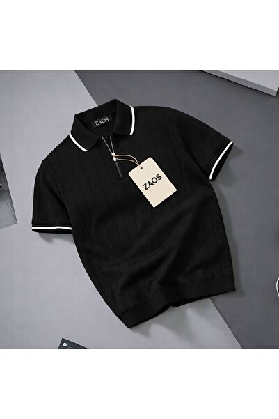 zs zaos fashion Men's Poloyaka Zippered Knitwear T-Shirt Regular Fit Skirt Sl...