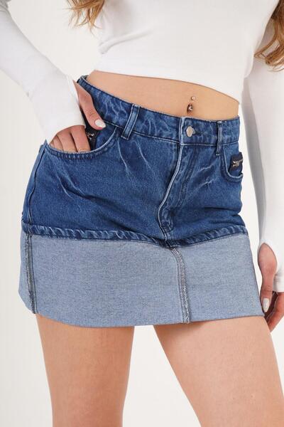 Hipo Trend Washable Model Fold Detailed Pocketed Mini Denim Blue Skirt
