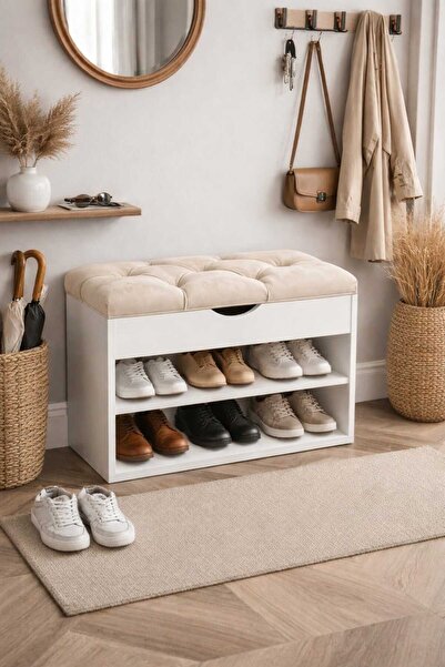 RENGİBİZ Mita sandıklı ayakkabılık, puflu ayakkabılık, beyaz ayakkabılık, aya...