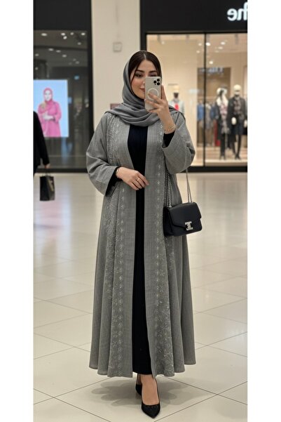 ABAYAT ALAMAL عباية كتان رمادي بتطريز هندسي راقي - تصميم عصري فضفاض