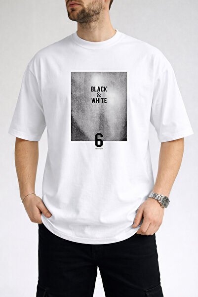 caddekombin Tricou alb pentru bărbați, cu imprimeu text BLACK & WHITE, cu gât...