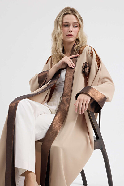 Store Wf Beige and Bronze Color Stripe Pearl Detailed Abaya