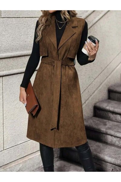 Giyimodam Women's Sleeveless Collared Open Front Belted Waist Suede Midi Vest