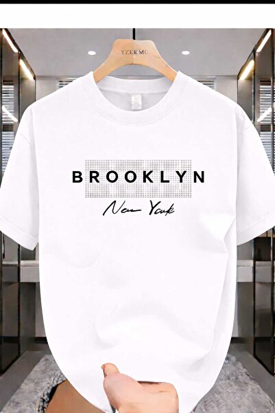 New Shine Бруклин, Ню Йорк, бяла тениска с печат