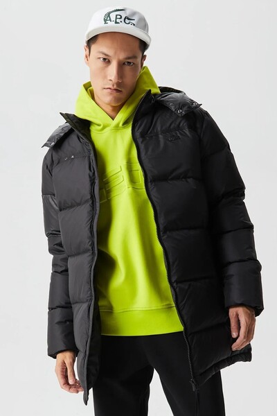 Lacoste Down Fill Water Repellent Jacket Black Goose down Removable Hood Wate...