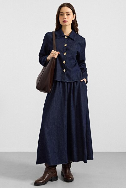 Olcay سترة بزر معدني وتنورة من الدنيم طقم مكون من قطعتين باللون الأزرق الداكن...