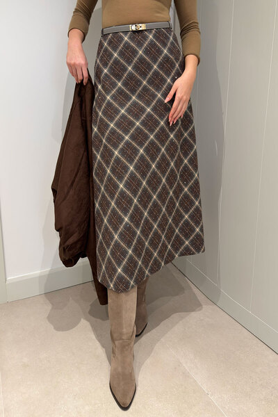 MAGARDE Stoned Plaid Pattern Skirt - Brown