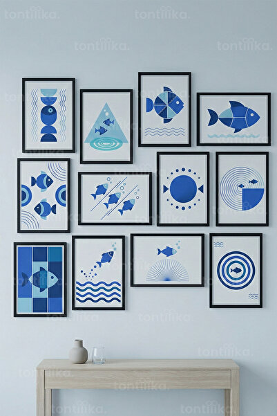Tontilika 12 Parça Balık Figürlü Geometrik Minimal Dekoratif Çerçeve Görünüml...