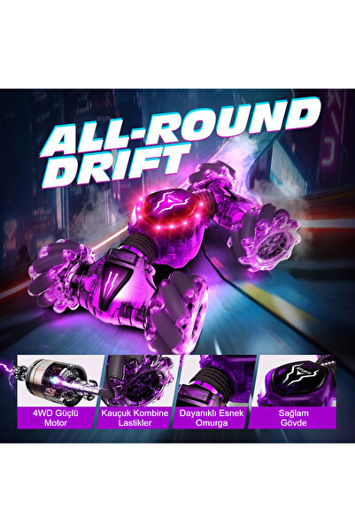 MJ TOYS Uzaktan Kumandalı Şarjlı Led Işıklı Bilekten Kontrollü Araba Akrobat Drift Stunt 4X4 Oyuncak Araba